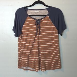 Maurices Women's Striped Tie Front Shirt M Brown Blue